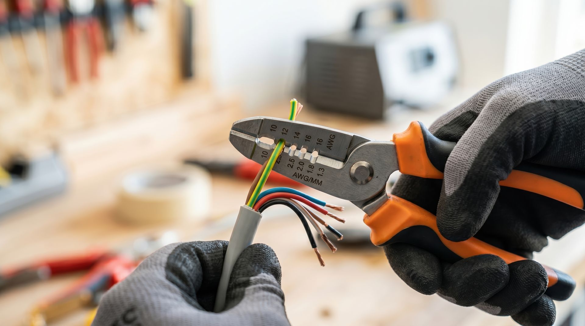 Gloved hands using wire strippers to cut electrical cable wires.