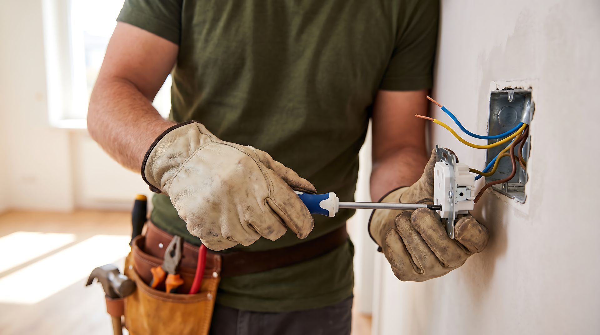 Electrician wiring a wall outlet box with a screwdriver, wearing gloves and a tool belt.