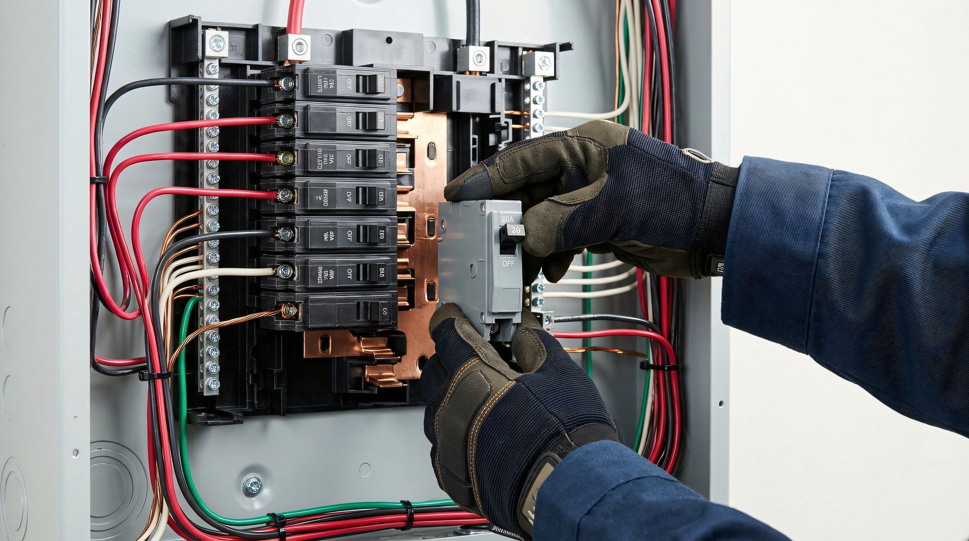 Electrician wiring a wall outlet in a bright living room, with tools on a nearby table.