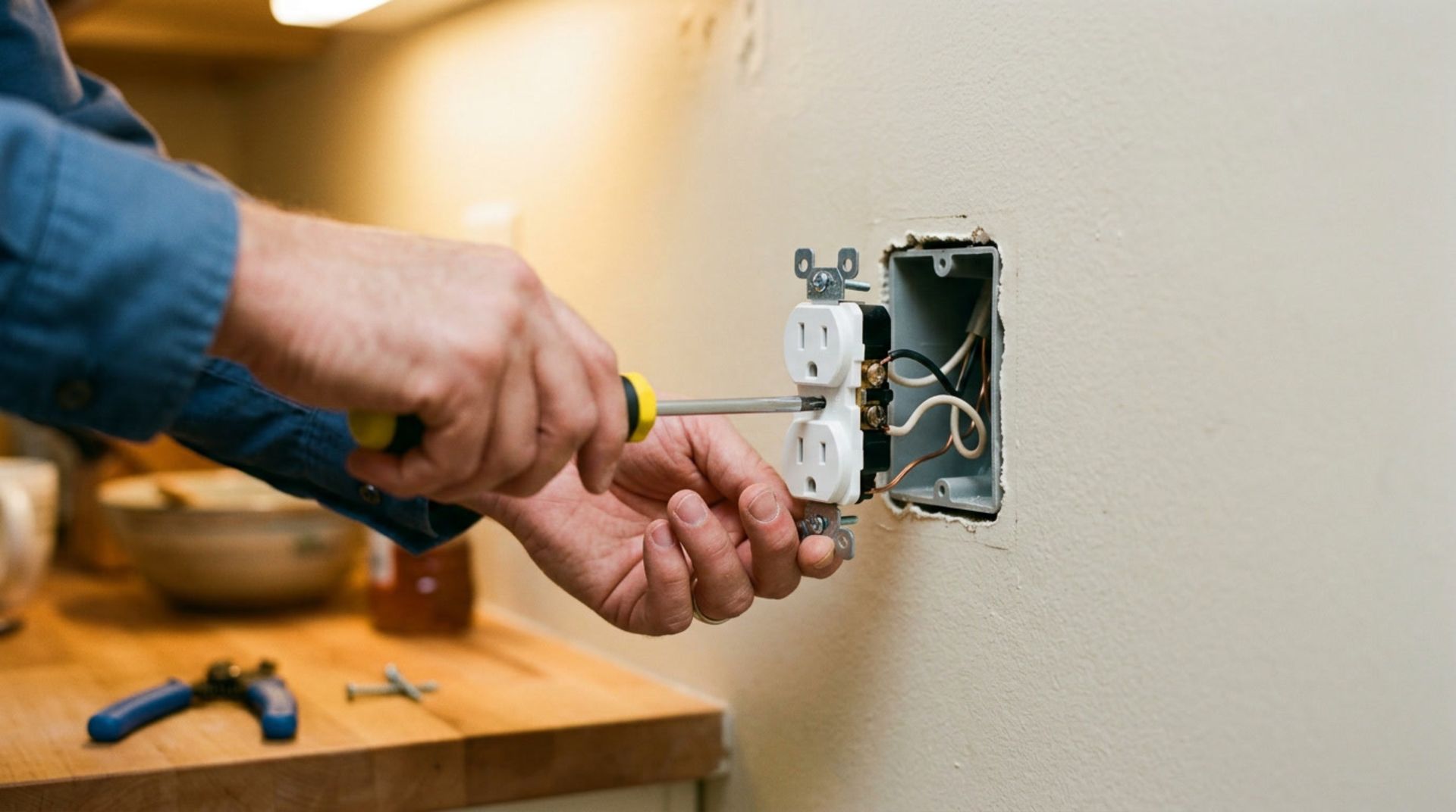 Hand using a screwdriver to install an electrical outlet on a wall