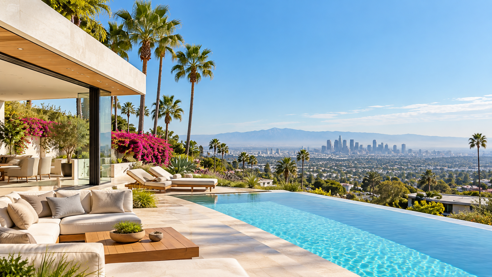 Architectural hillside terrace and pool with a wide Los Angeles outlook