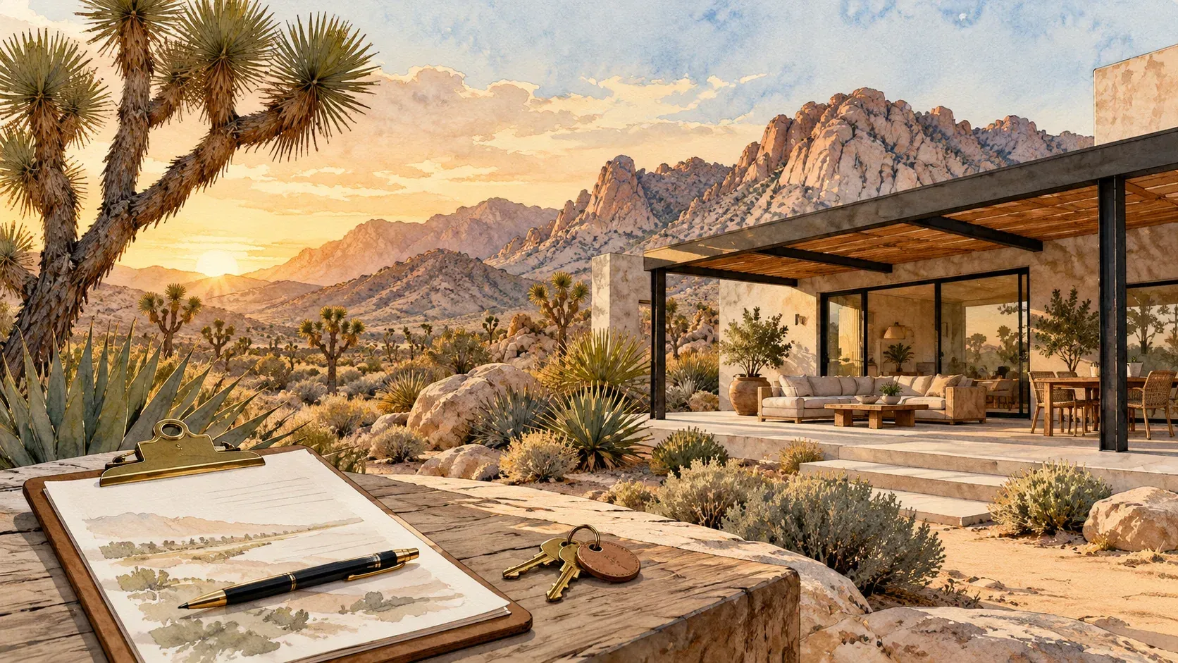 Editorial illustration of a desert home, Joshua trees, keys and a buyer checklist