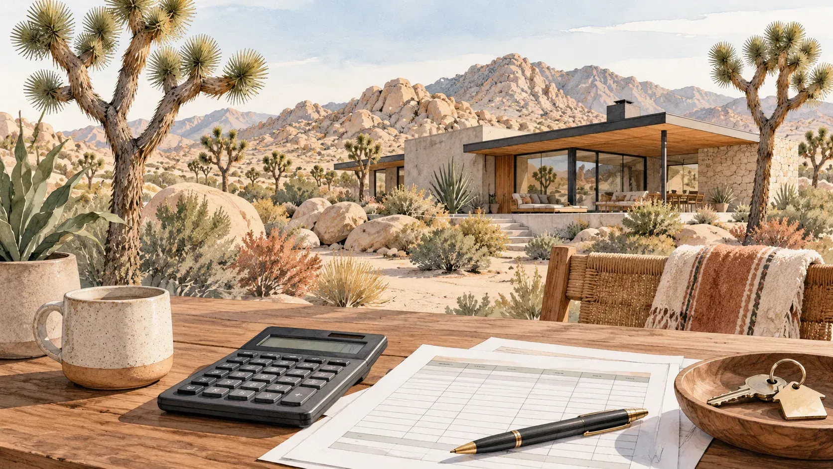 Editorial illustration of a desert house with a calculator, financial worksheets and keys