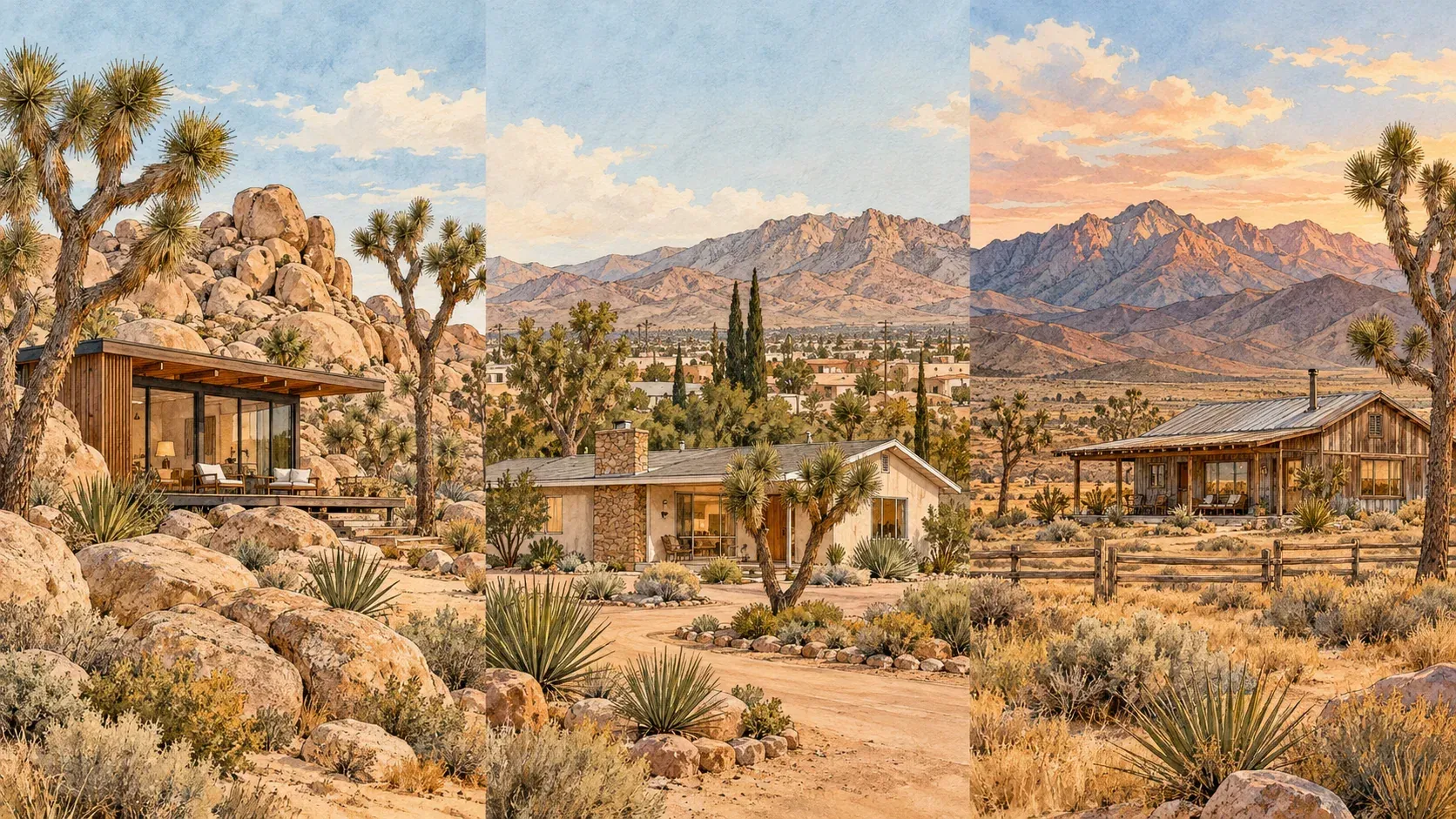 Editorial triptych of desert homes, Joshua trees, a town setting and open mountain scenery