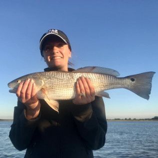 Person holding a large fish over water under a clear blue sky
