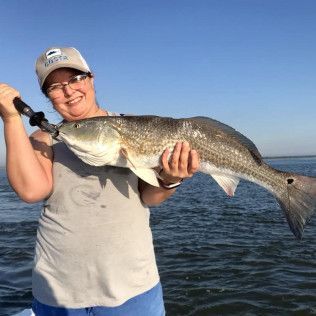 Person holding a large fish on a boat, with blue water and sky in the background