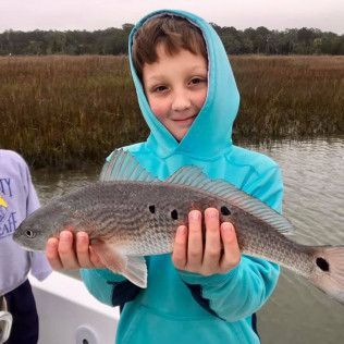 Child in a blue hoodie holding a large fish on a boat in a marshy wetland