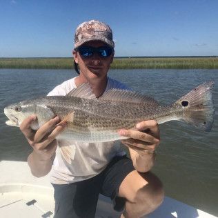 Person on a boat holding a large fish in shallow water, with marshland and blue sky behind.