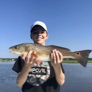 Person holding a large fish outdoors beside calm water under a clear blue sky