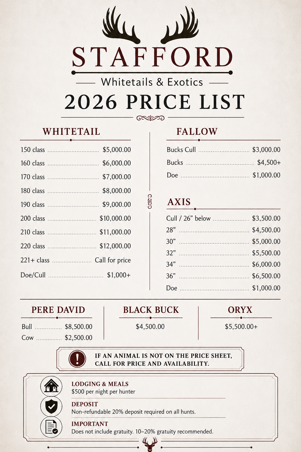Stafford Whitefalls & Exotics 2026 price list poster with deer antler logo and animal pricing sections