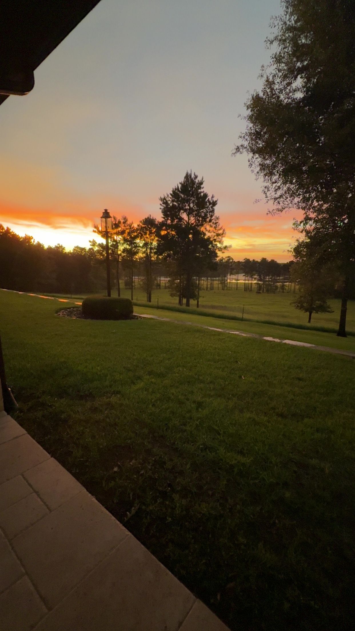 Sunset over a grassy park with trees and a sidewalk, orange sky fading to dark.