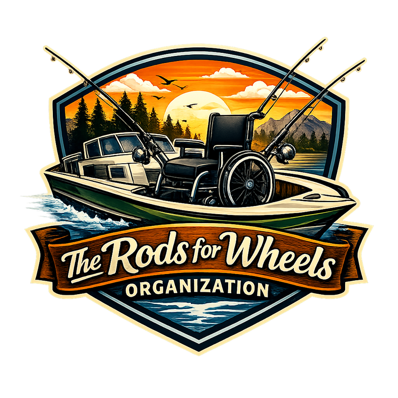 Logo for The Rods for Wheels Organization featuring a wheelchair and fishing rods on a boat at sunset.