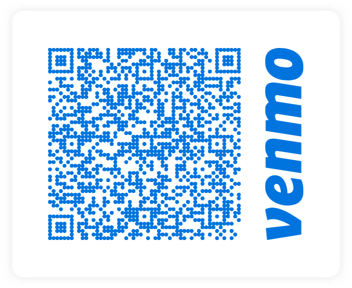 Blue Venmo QR code on a white card with the Venmo logo on the right