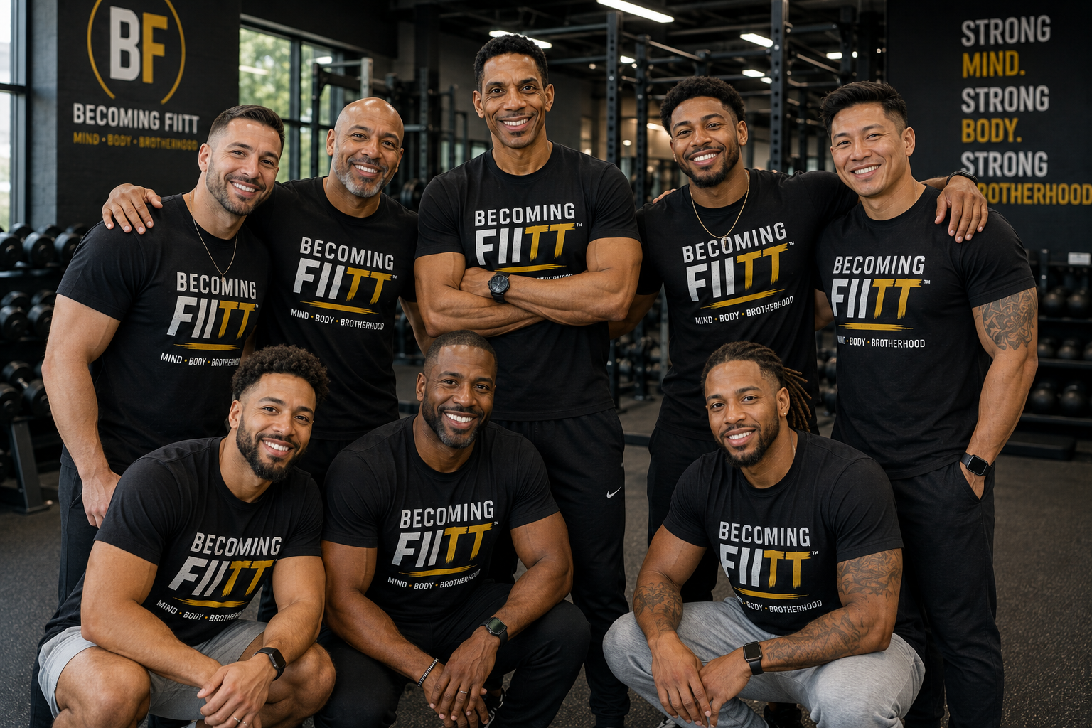 Man in black “BECOMING FLITT” T-shirt standing in a modern gym with weight equipment.