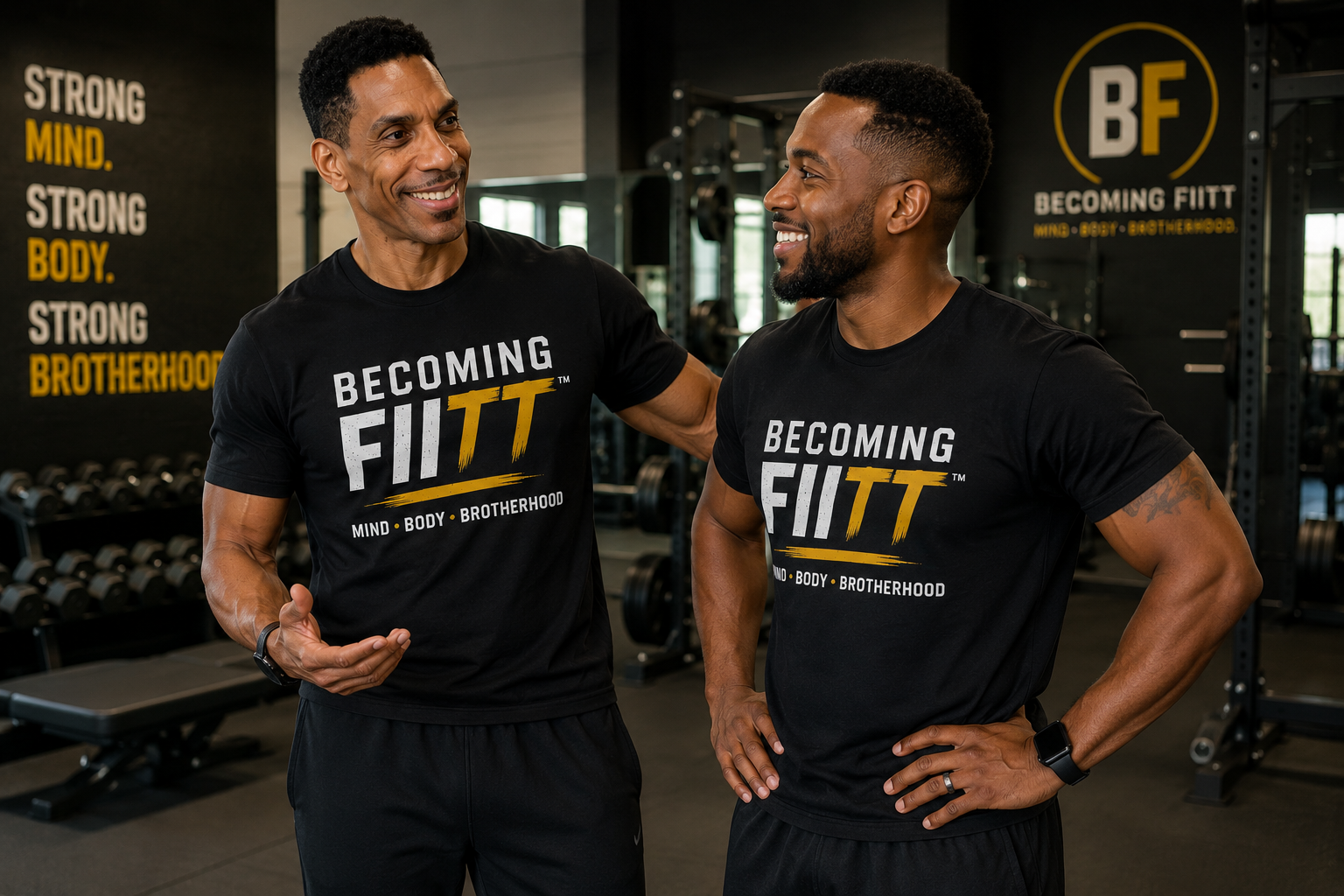 Group of seven fitness coaches posing in a gym, wearing black “Become Fit” shirts and smiling.