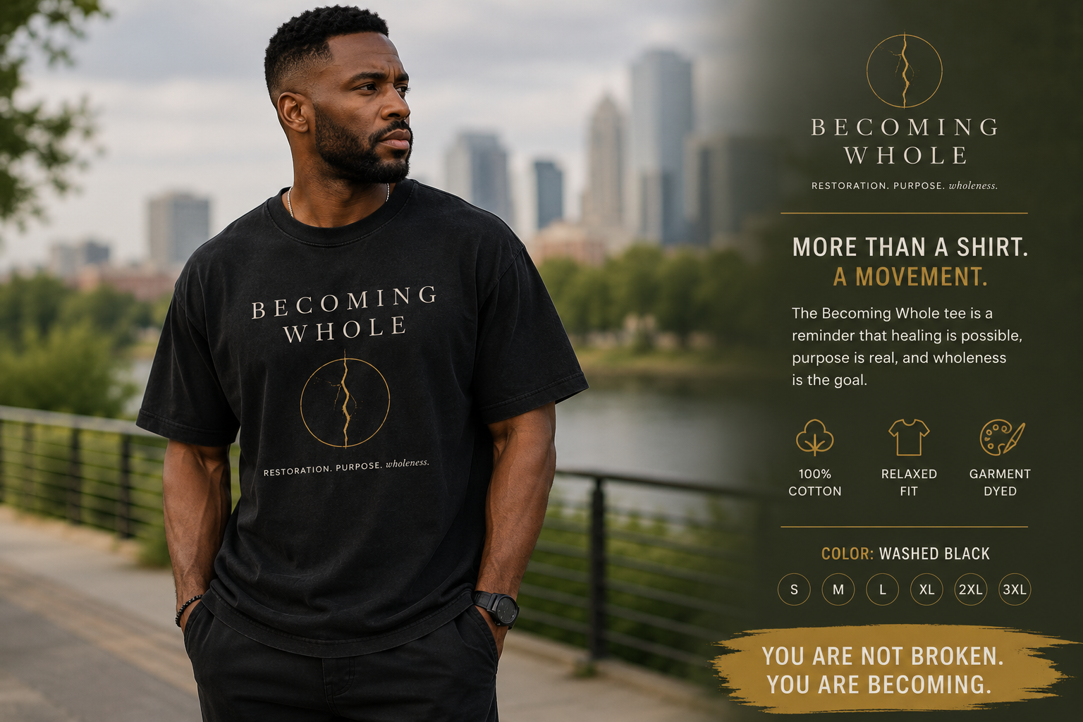 Man in black T-shirt standing outdoors beside motivational text and city skyline