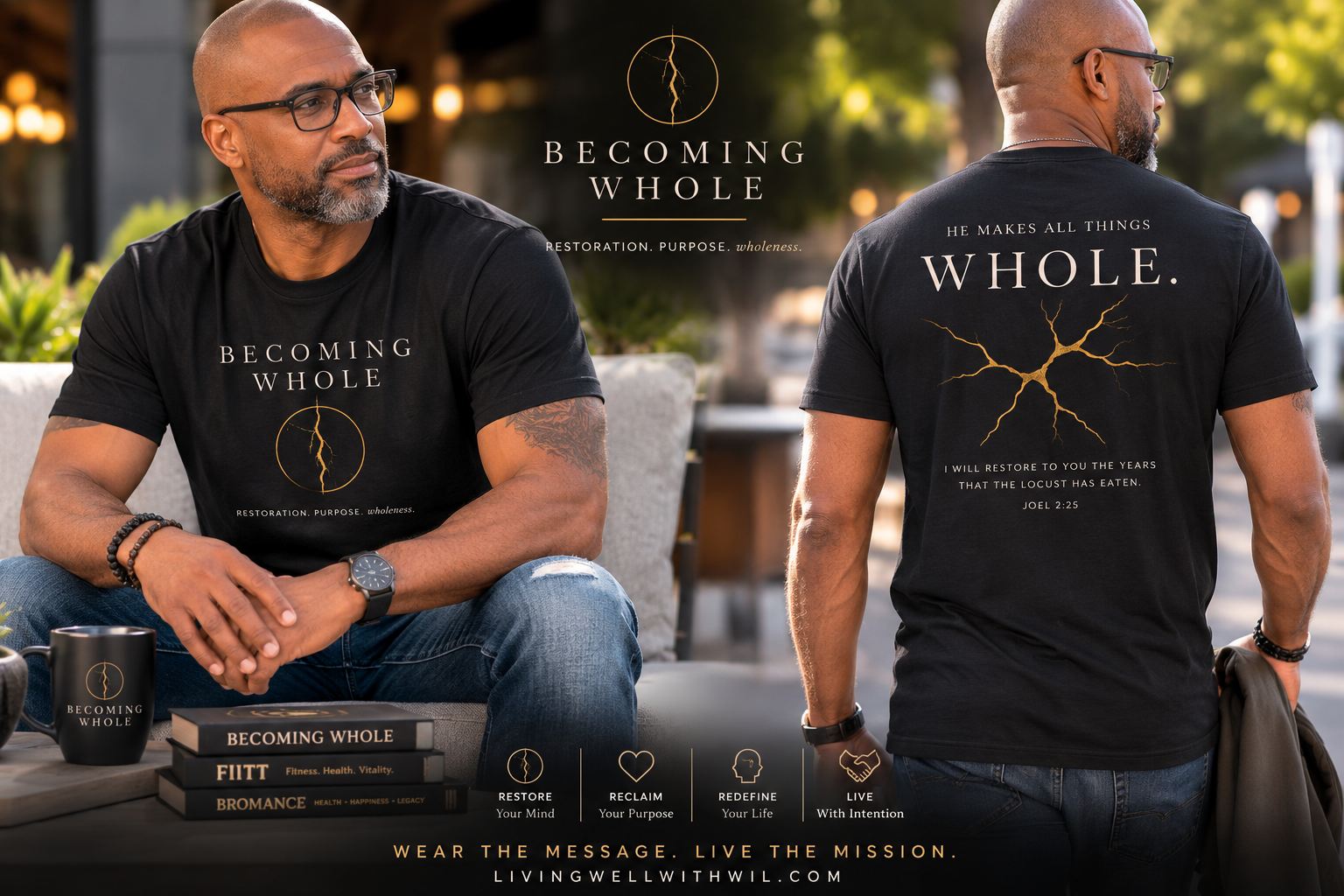 Man in black T-shirt promoting “Becoming Whole” seated and standing against outdoor background