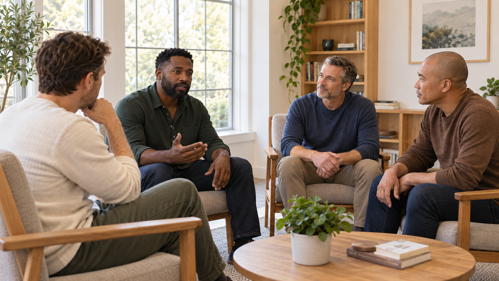 Small group in a bright room listening to a speaker during a discussion circle
