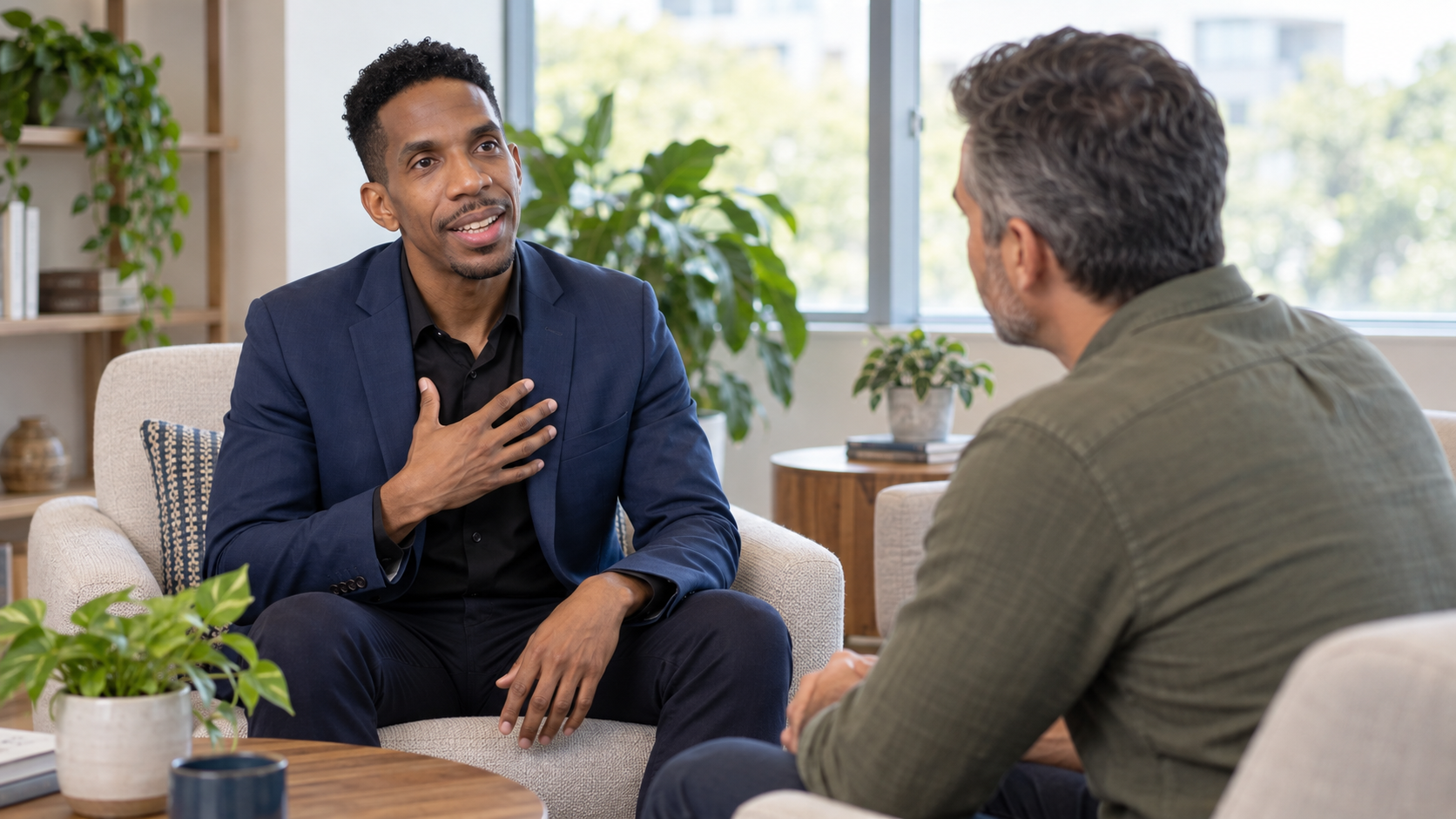 A small group listens as a man gestures during a discussion in a modern office lounge.