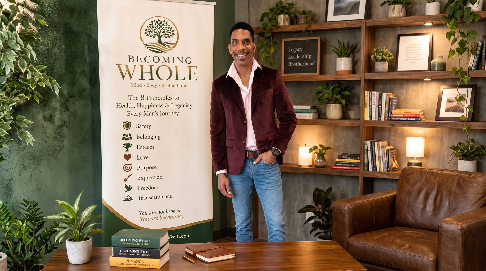 Man standing beside a banner in a cozy office lounge with plants, bookshelves, and a leather chair.