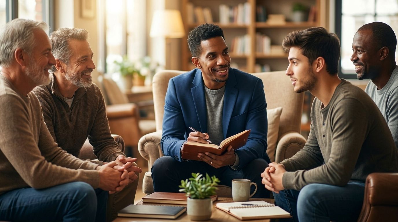 Small group in discussion around a table in a warm living room, with notebooks and a potted plant.