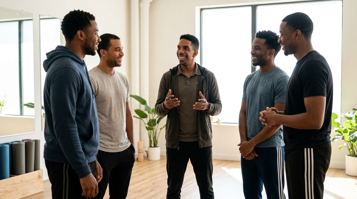 Five people standing in a bright room, talking in a small group.