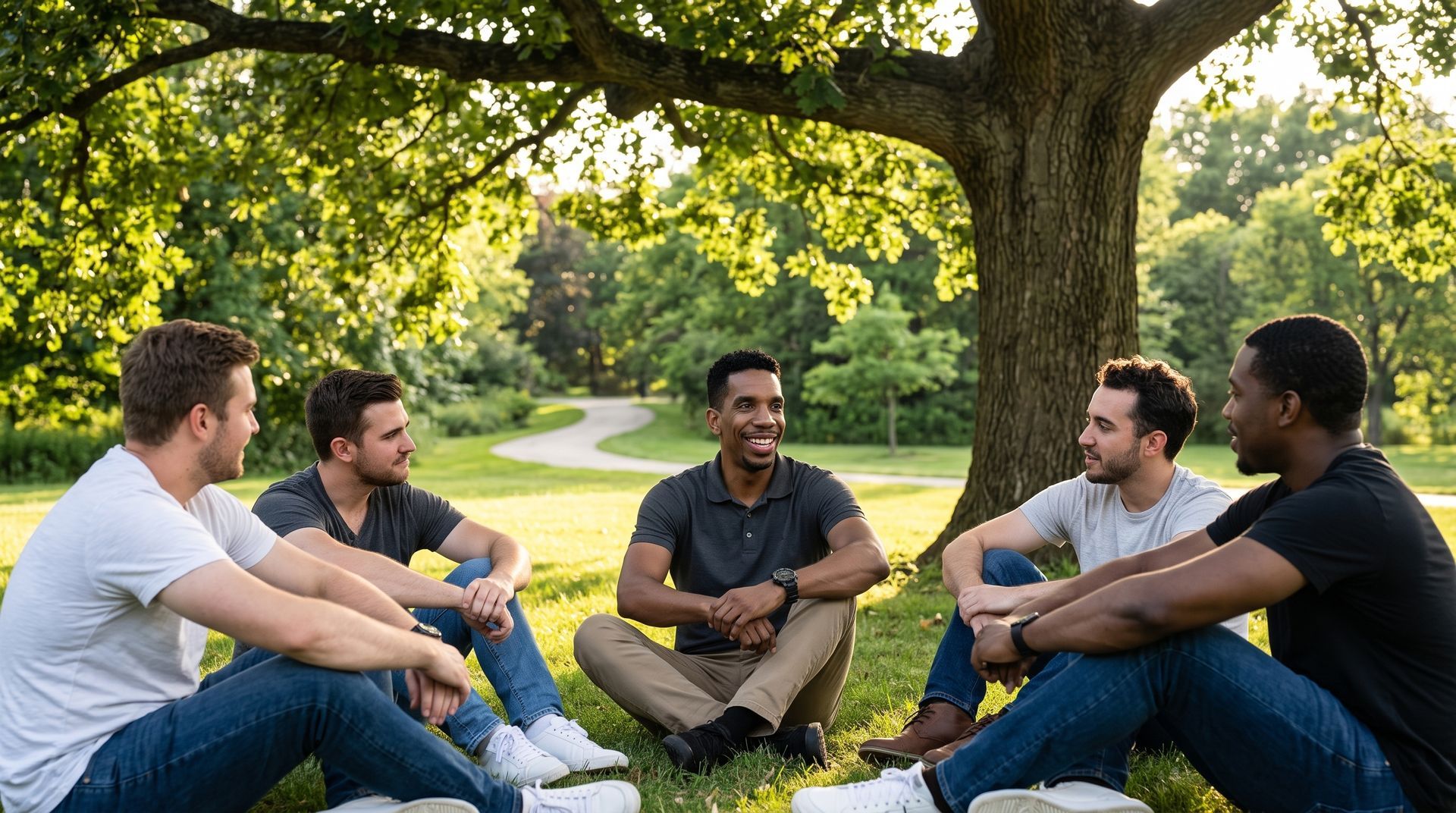 Five people sit in a circle talking on grass under a large tree in a sunny park.