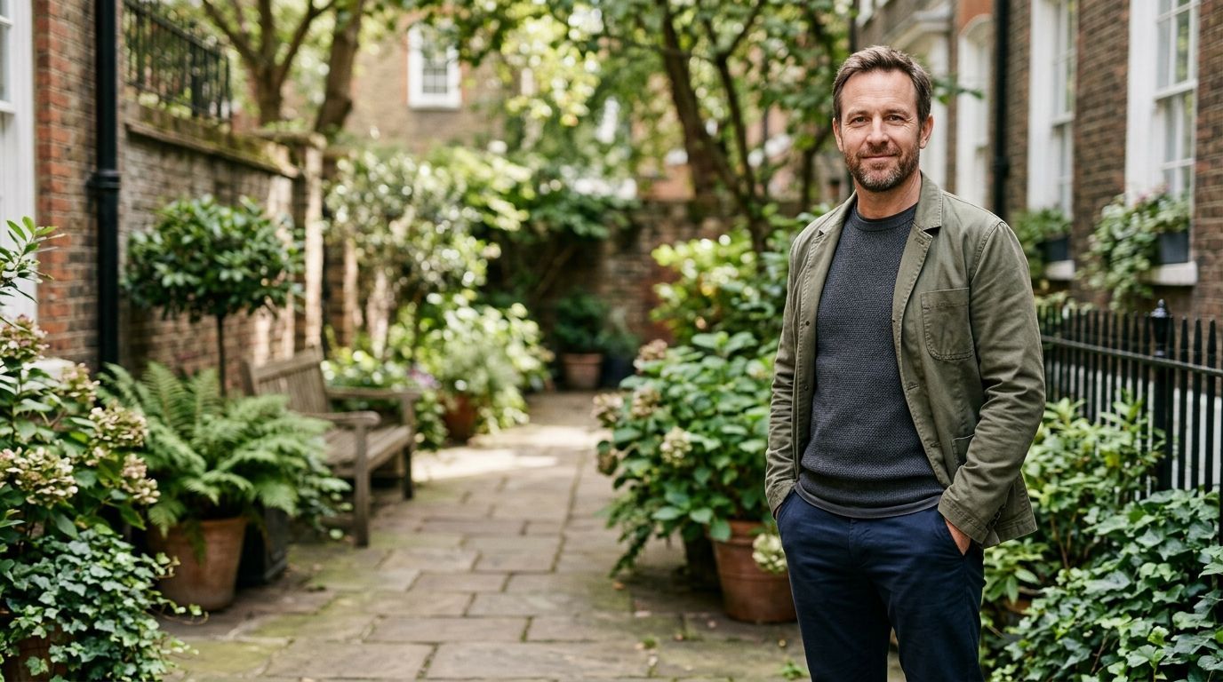Man standing on a narrow garden path between brick buildings, surrounded by lush greenery