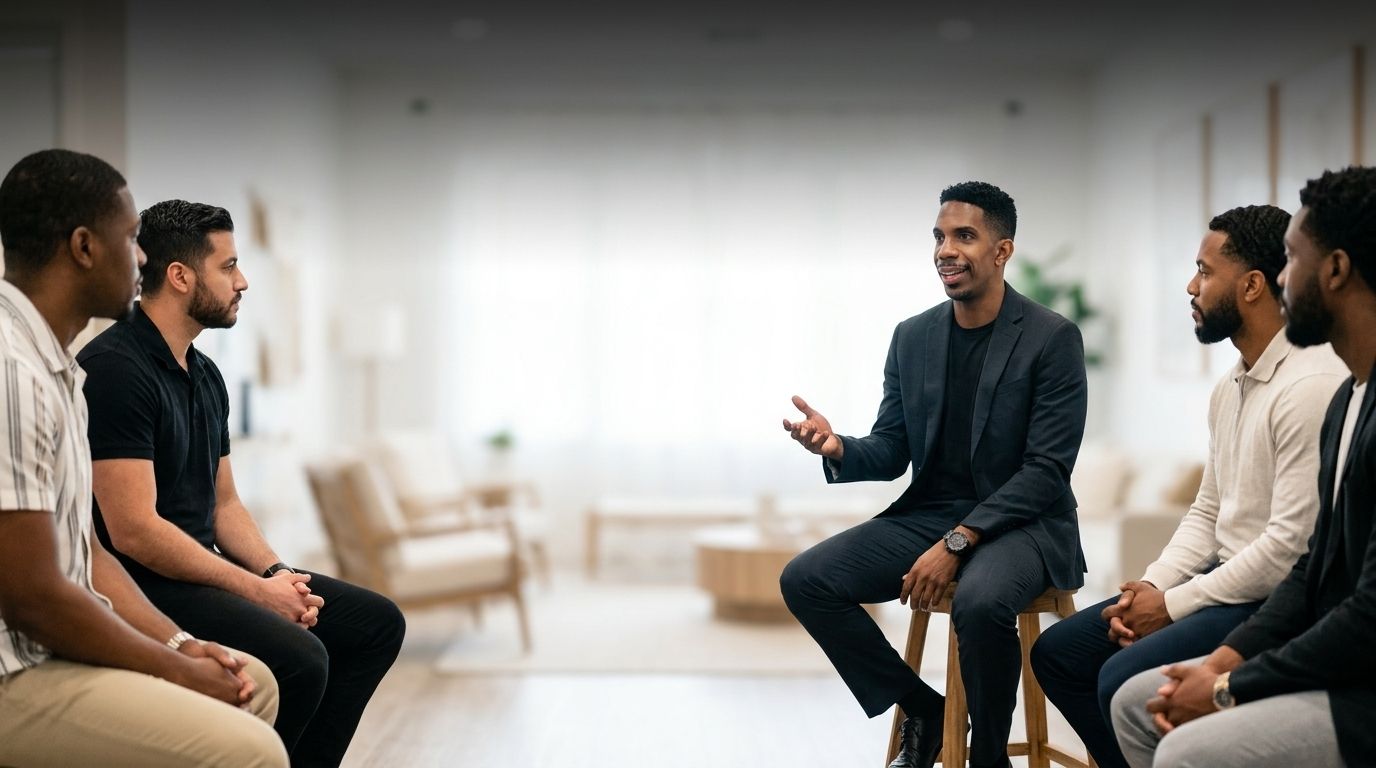 Small group in a bright room listening to a speaker during a discussion circle