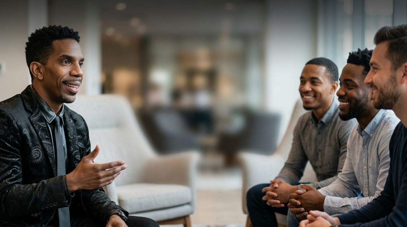 A small group listens as a man gestures during a discussion in a modern office lounge.