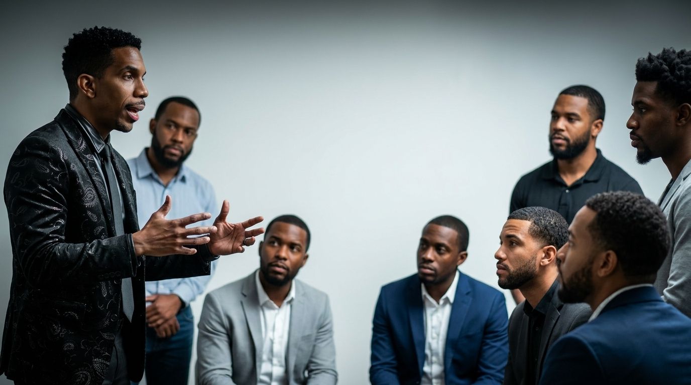 A small group listens as a man gestures during a discussion in a modern office lounge.