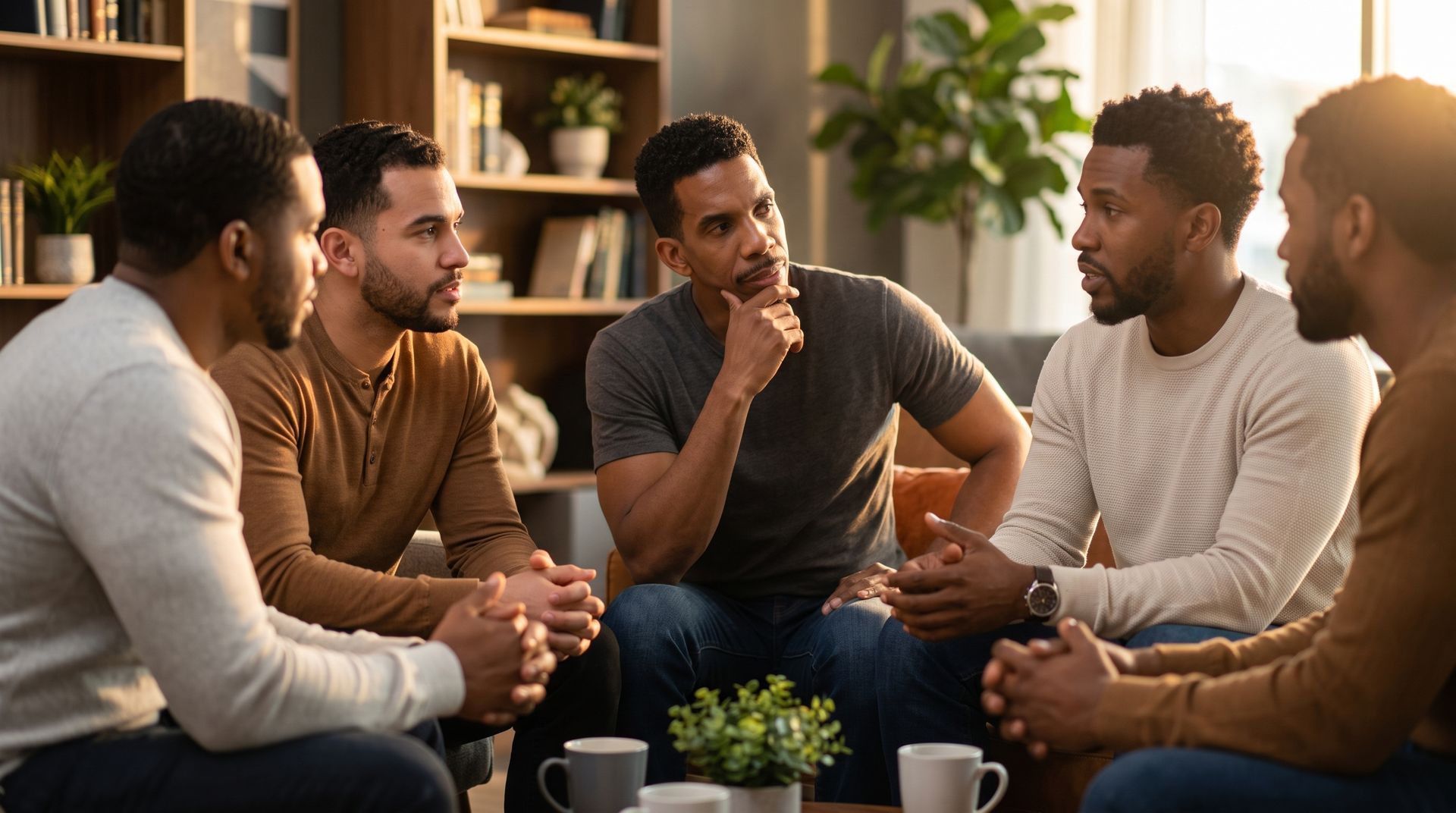 Small group of people in a living room having a serious discussion on a couch with coffee cups and plants nearby.