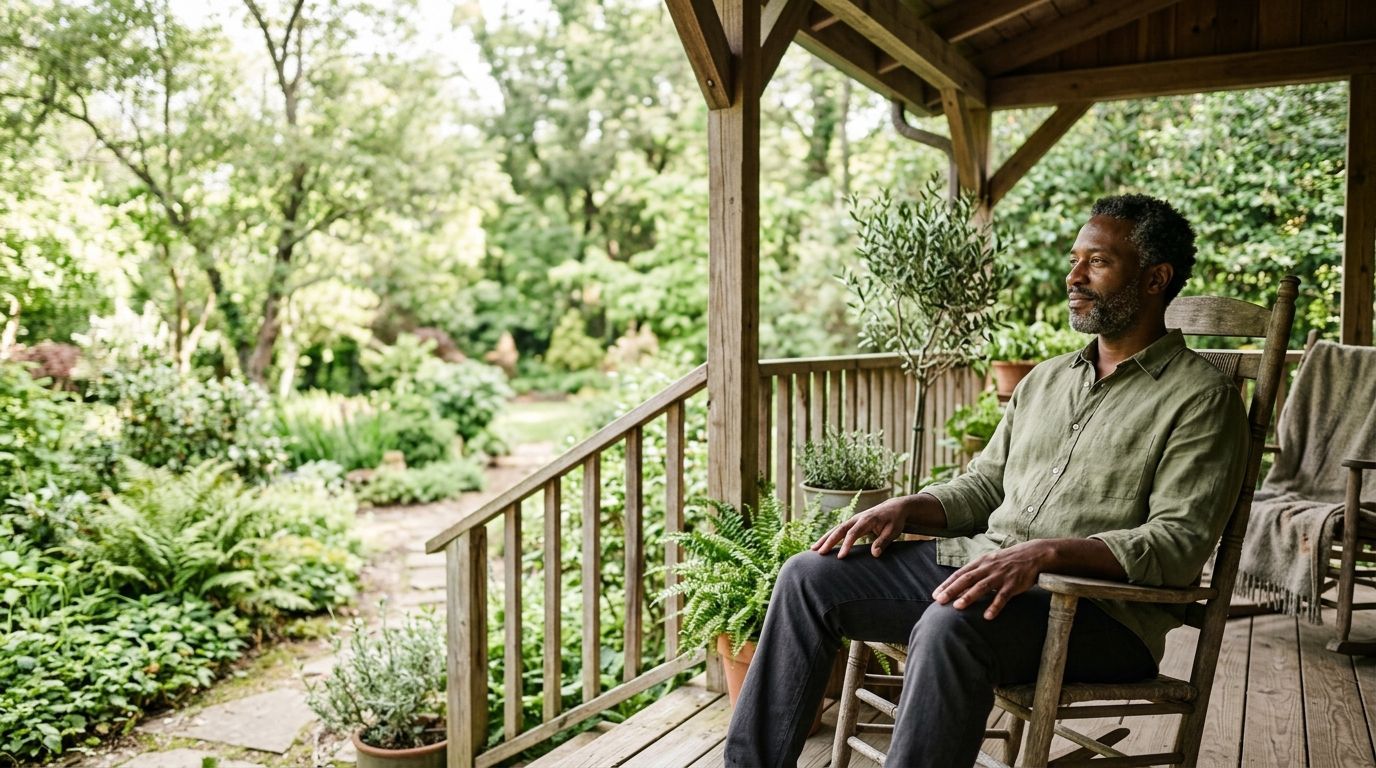 Person sitting on a porch chair overlooking a lush green garden