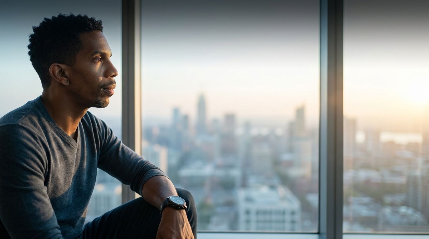 Man sitting by a large window, gazing at a city skyline at sunrise.