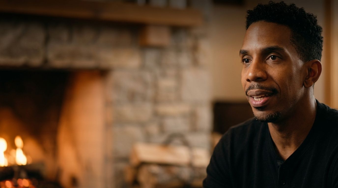 Man sitting by a fireplace in a cozy living room, looking off to the side with a thoughtful expression