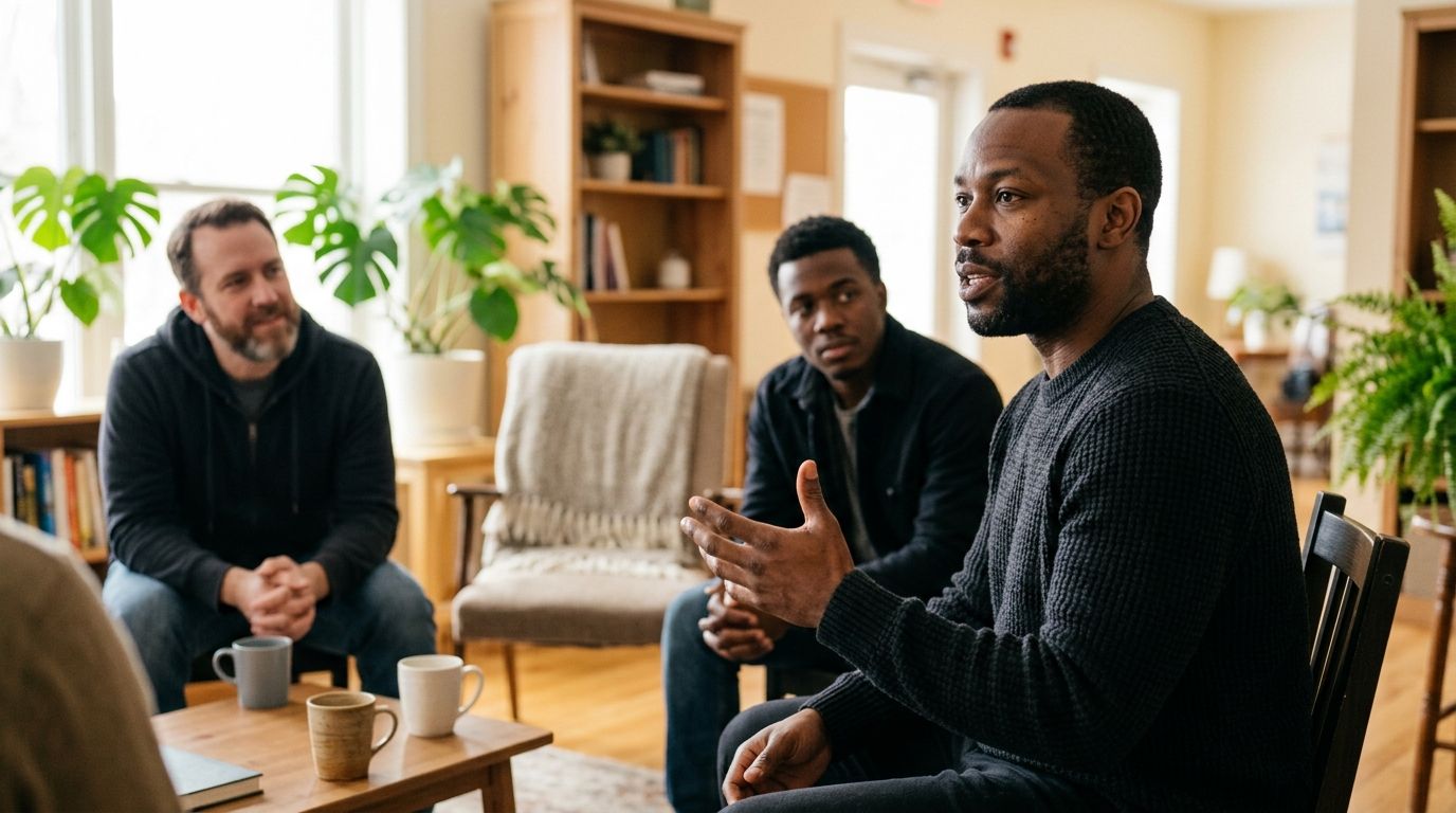 Three people talking in a cozy living room with plants and warm light.