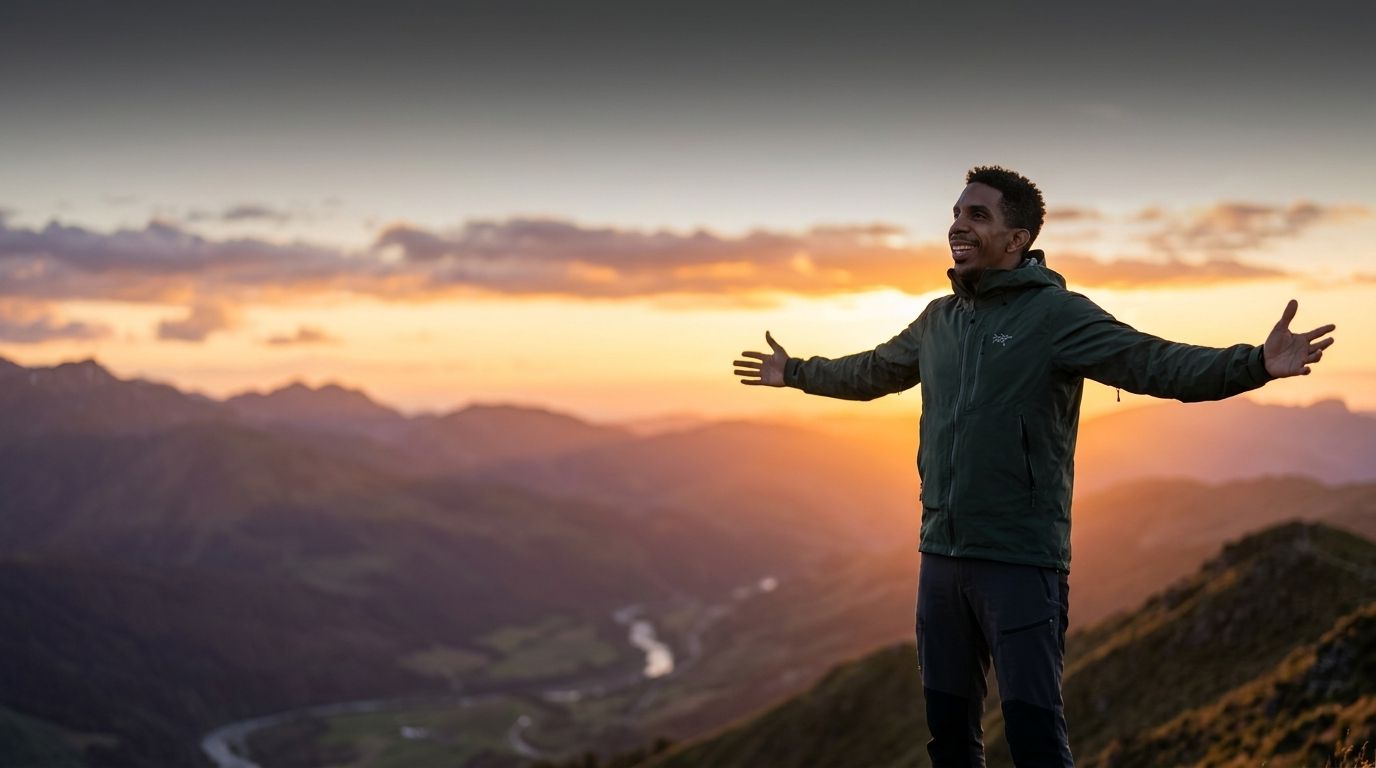 Person standing on a mountain overlook with arms outstretched at sunset, overlooking a valley