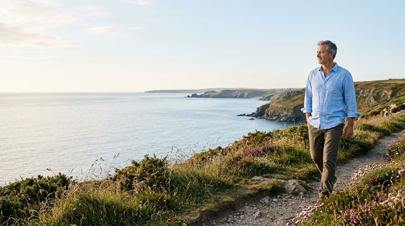 Man walking along a coastal path beside calm sea cliffs at sunset