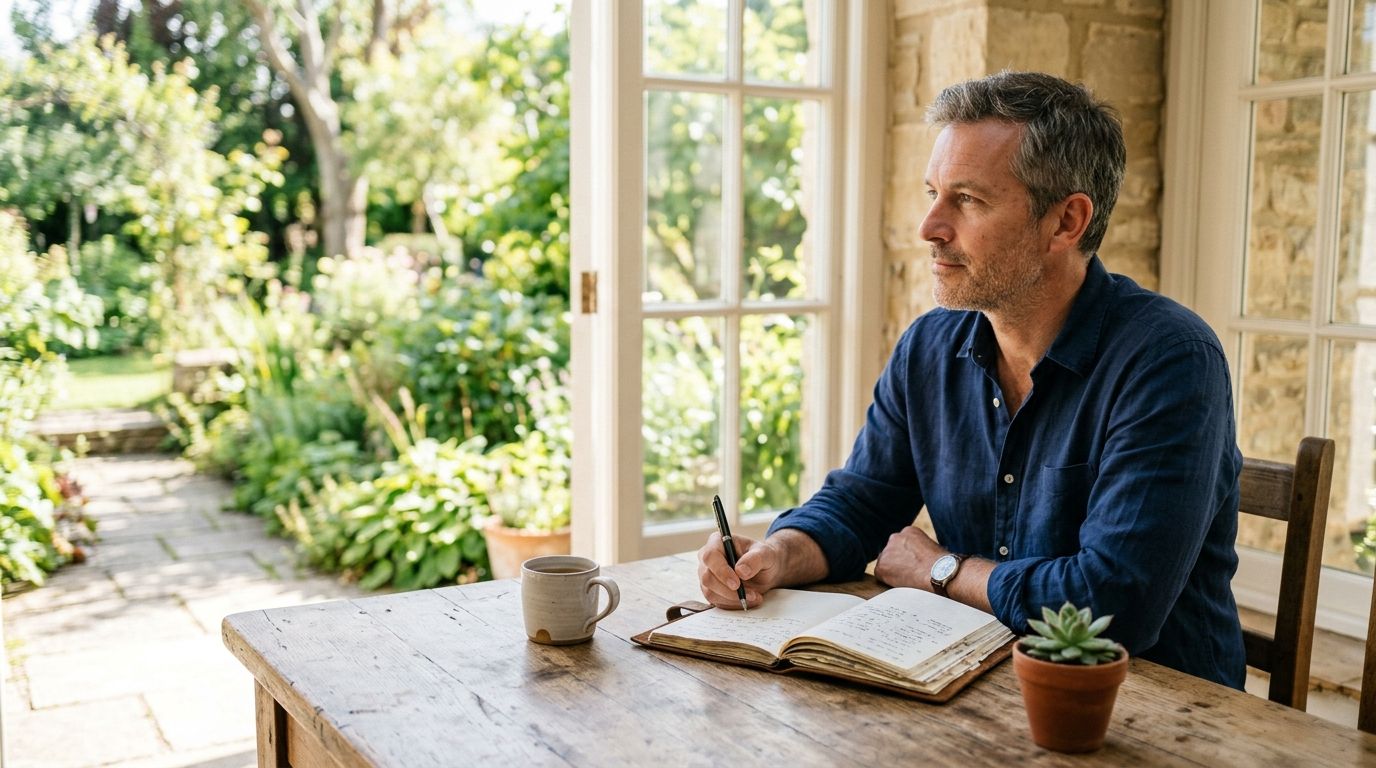 Man writing in a notebook at a sunlit table by an open window, with a mug and small plant nearby.