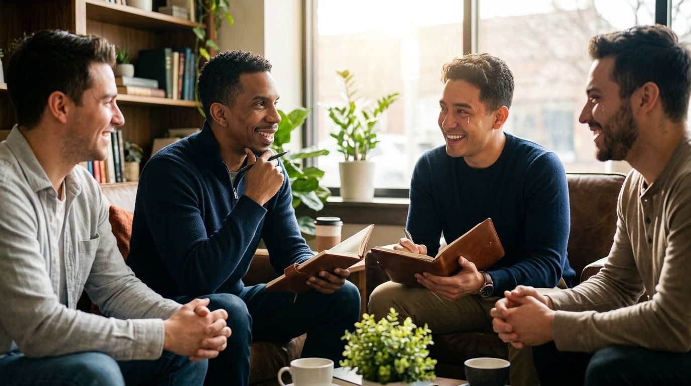 Four friends chatting and smiling in a cozy living room with coffee mugs and plants.