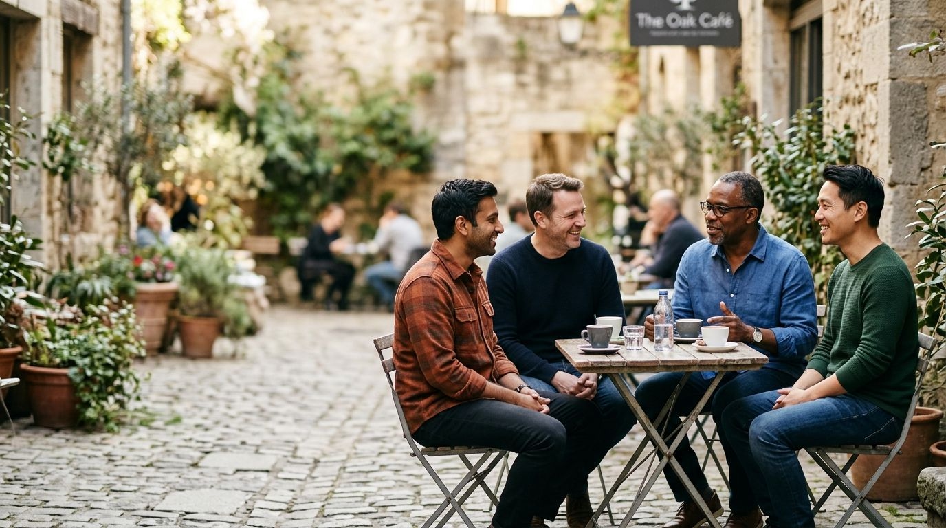 Four people chatting at a café table on a cobblestone street