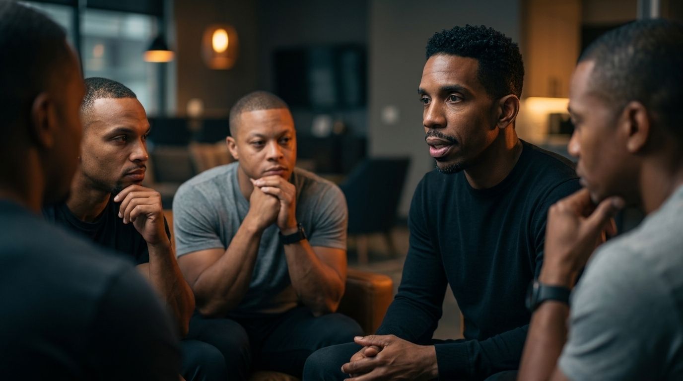 Four people in a dim lounge sit in discussion, leaning in with focused expressions.