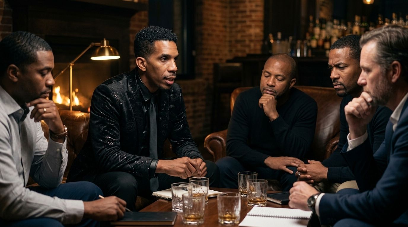 Five people in a dim meeting room lean over a table in serious discussion.