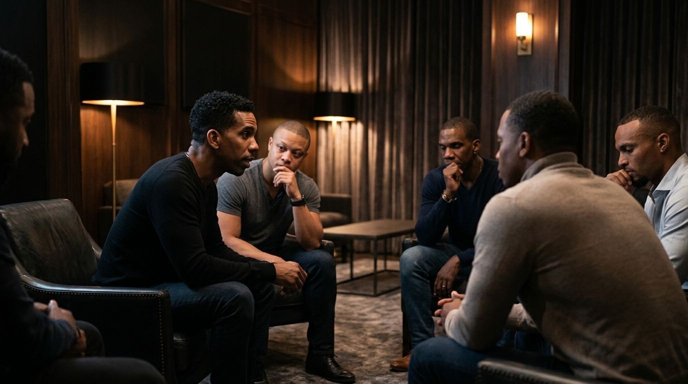 Small group in a dim lounge having an engaged discussion around low tables.