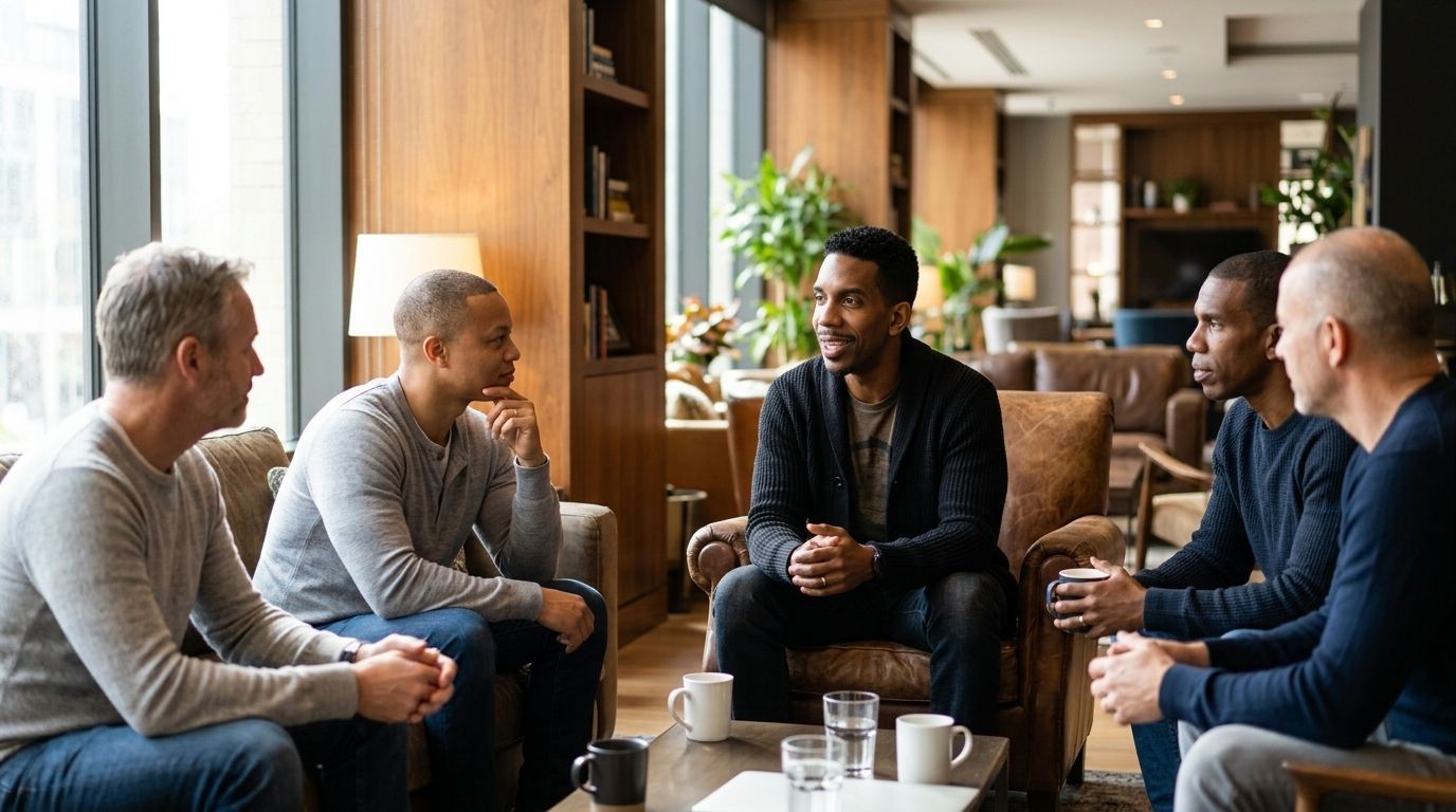 People sitting in a circle in a living room, talking during a group discussion.