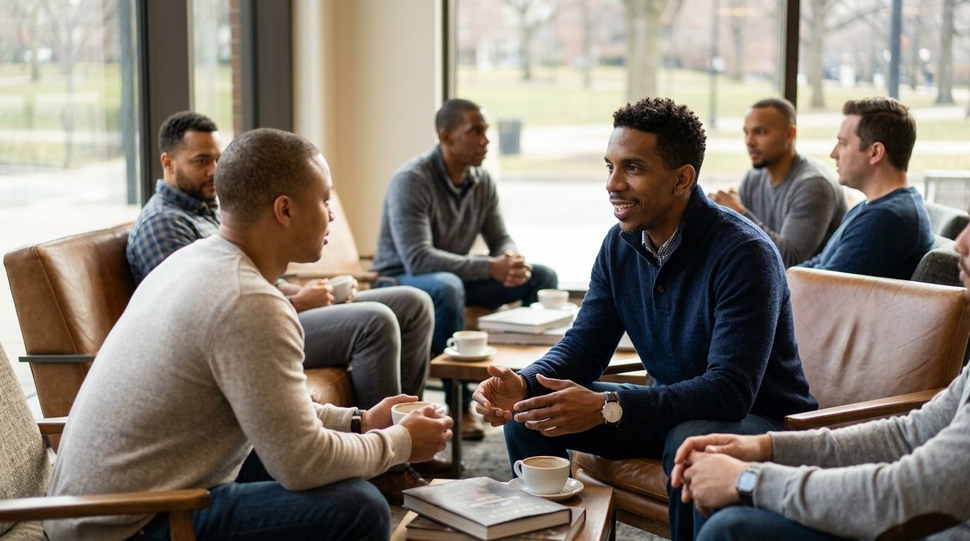 People talking in a bright lounge with couches and coffee tables, holding cups in a casual meeting