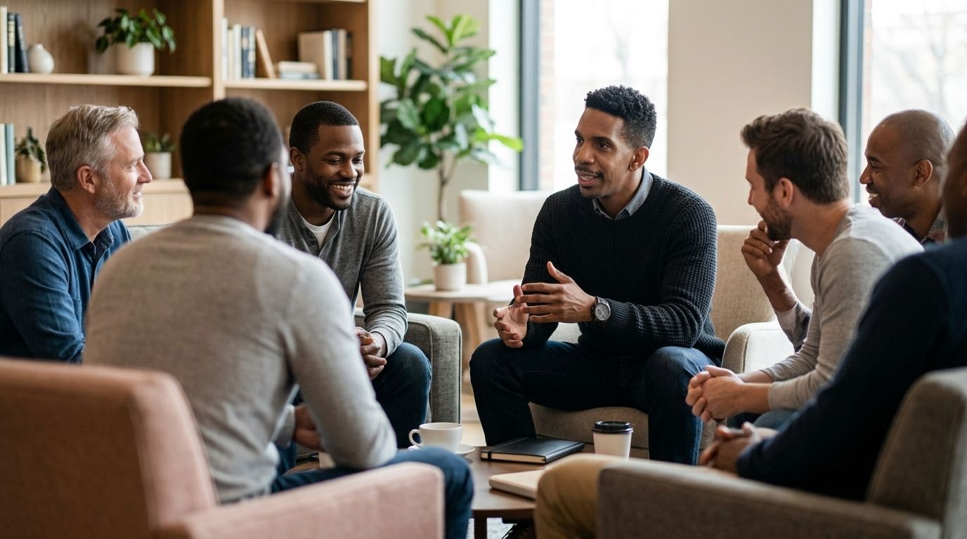 Small group in a living room discussing over coffee, seated in a circle with shelves and plants behind them.
