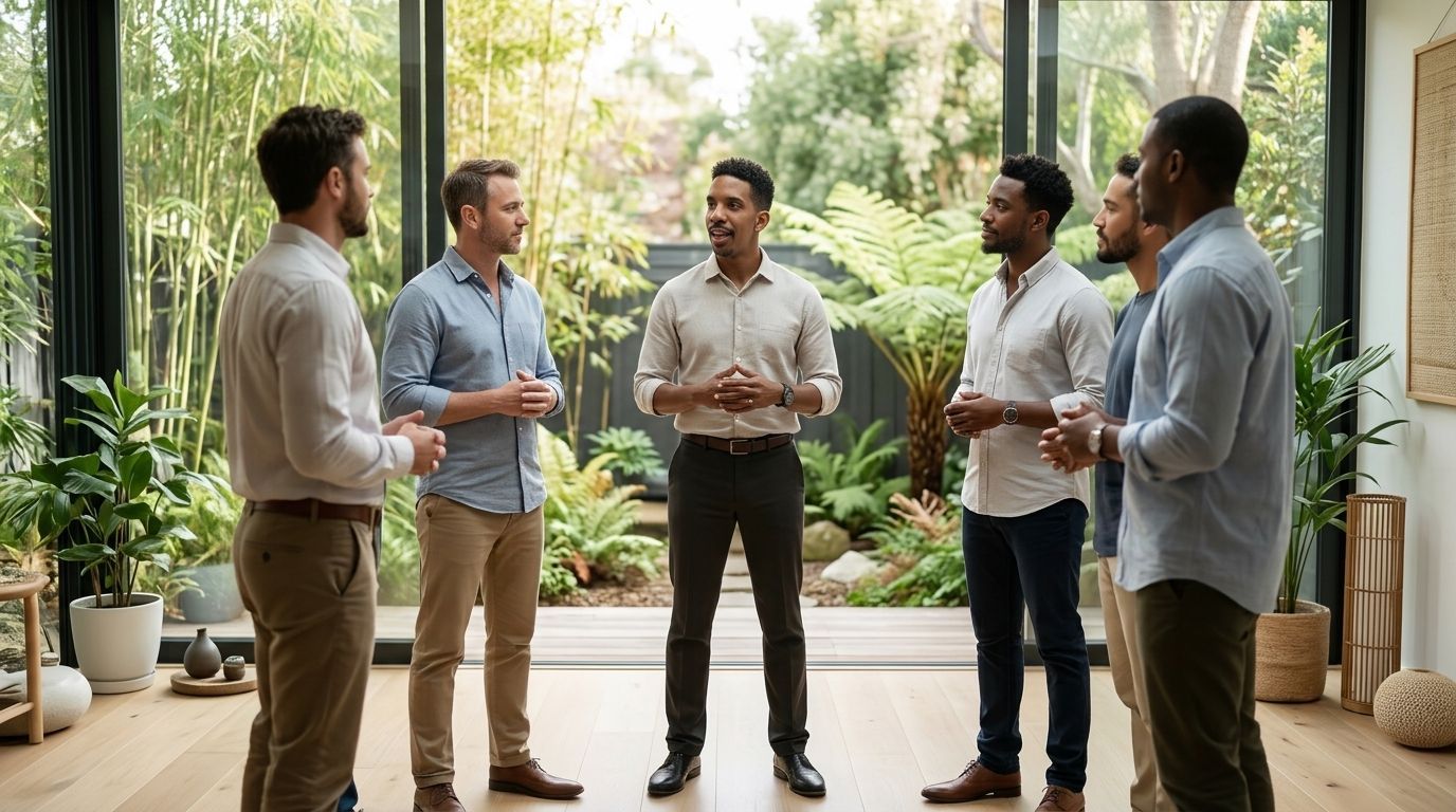 Five people stand chatting in a bright indoor garden with large windows and potted plants.