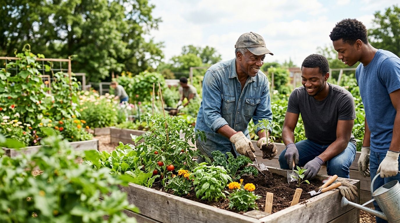 Three people planting and tending a vegetable garden in raised beds outdoors