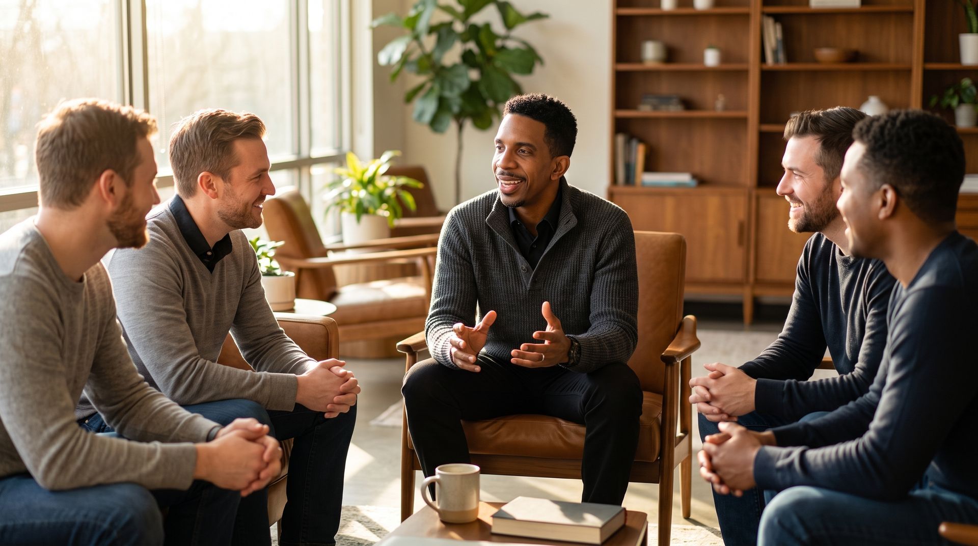 Small group meeting in a cozy office, seated in a circle and talking with coffee nearby.